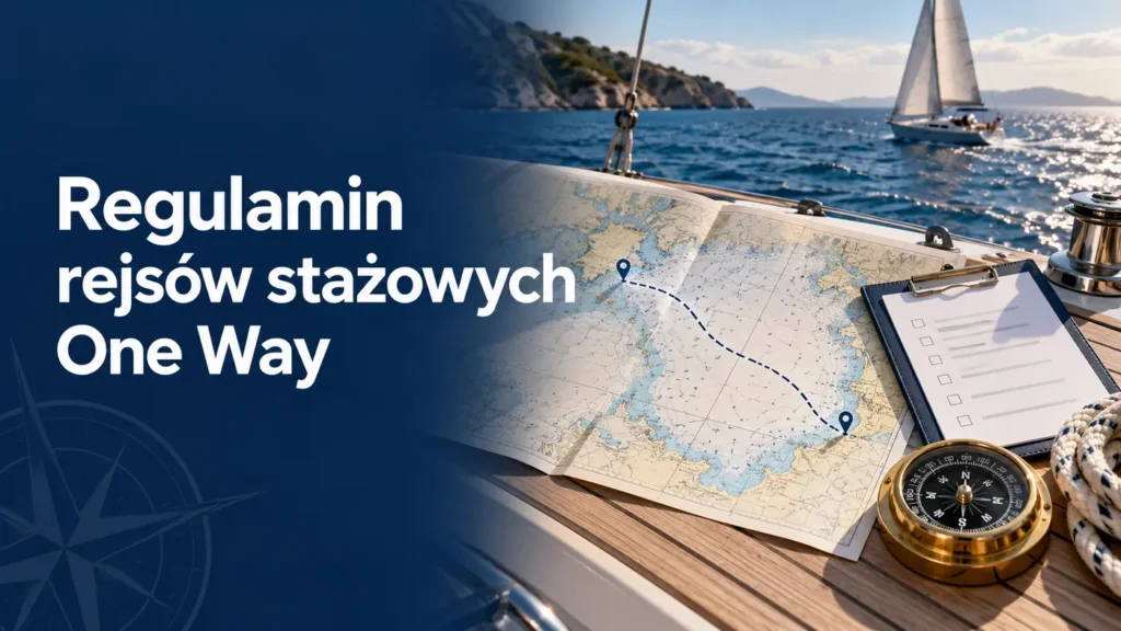 Regulamin rejsów stażowych One Way – mapa z trasą między dwoma portami i jacht pod żaglami